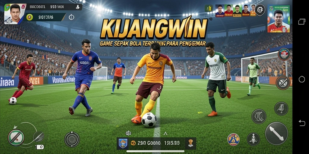 Tampilan gameplay seru di KIJANGWIN dengan aksi sepak bola intens.