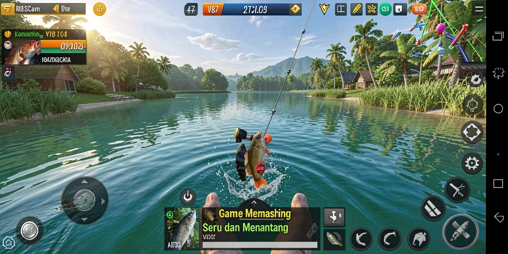 Tampilan utama V87 dengan karakter sedang memancing di danau indah.